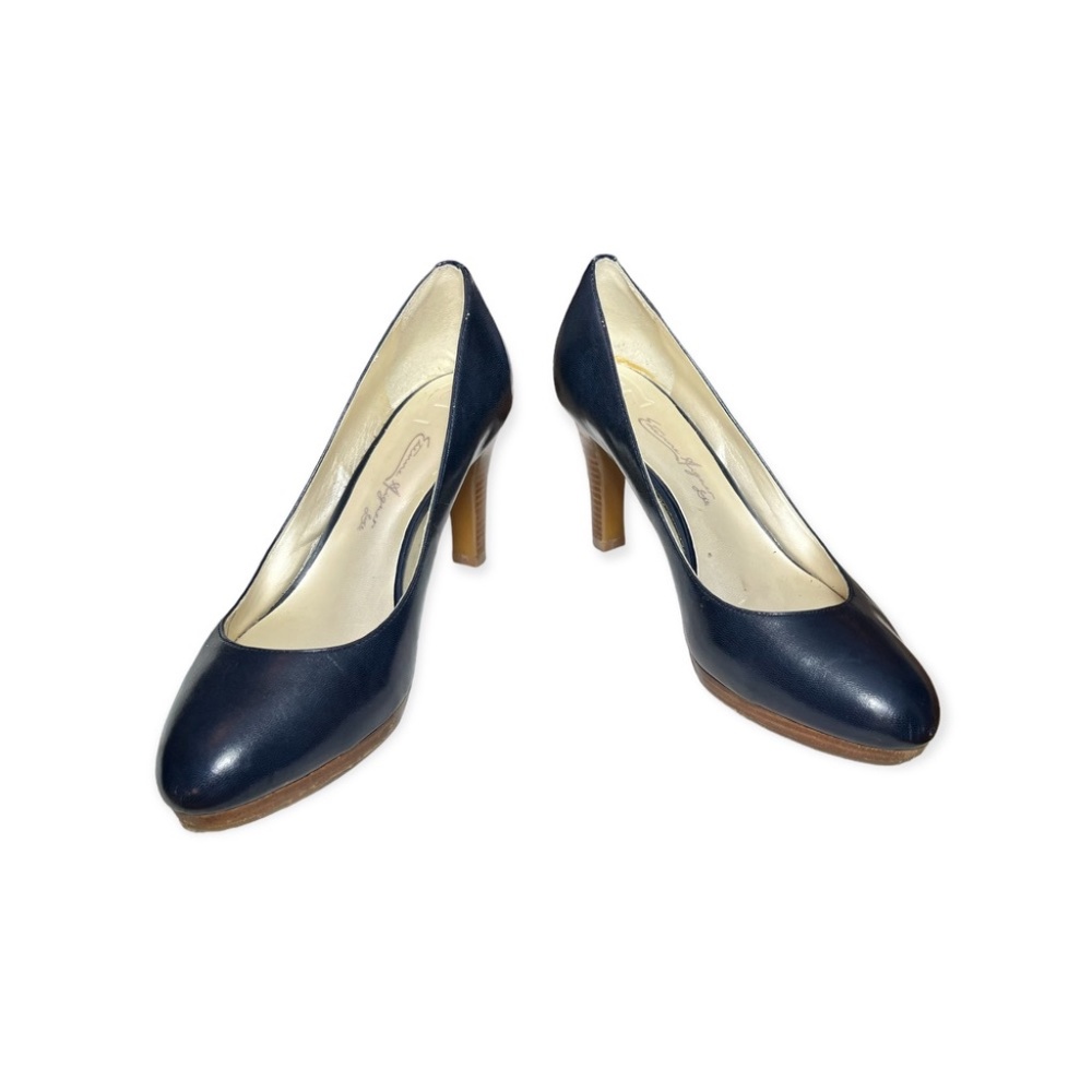 Etienne Aigner Luxe Navy Leather and Wooden Accent Heels Size 9